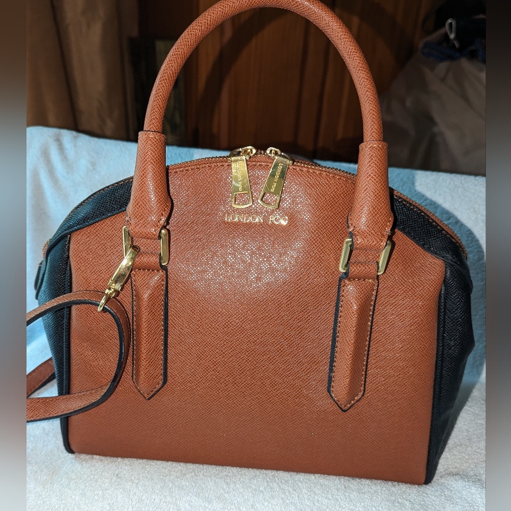 London Fog faux leather satchel in brown and black.